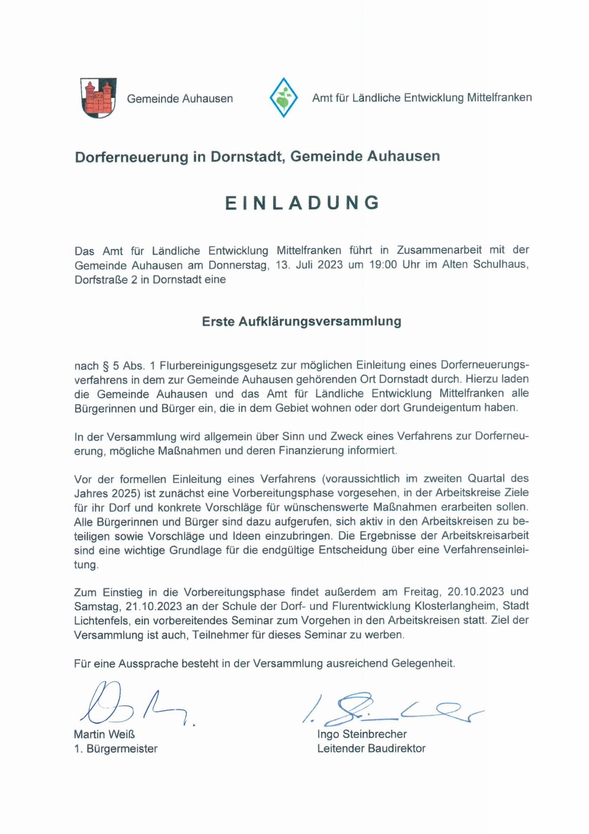 Gemeinde Auhausen - Einladung Aufklärungsversammlung