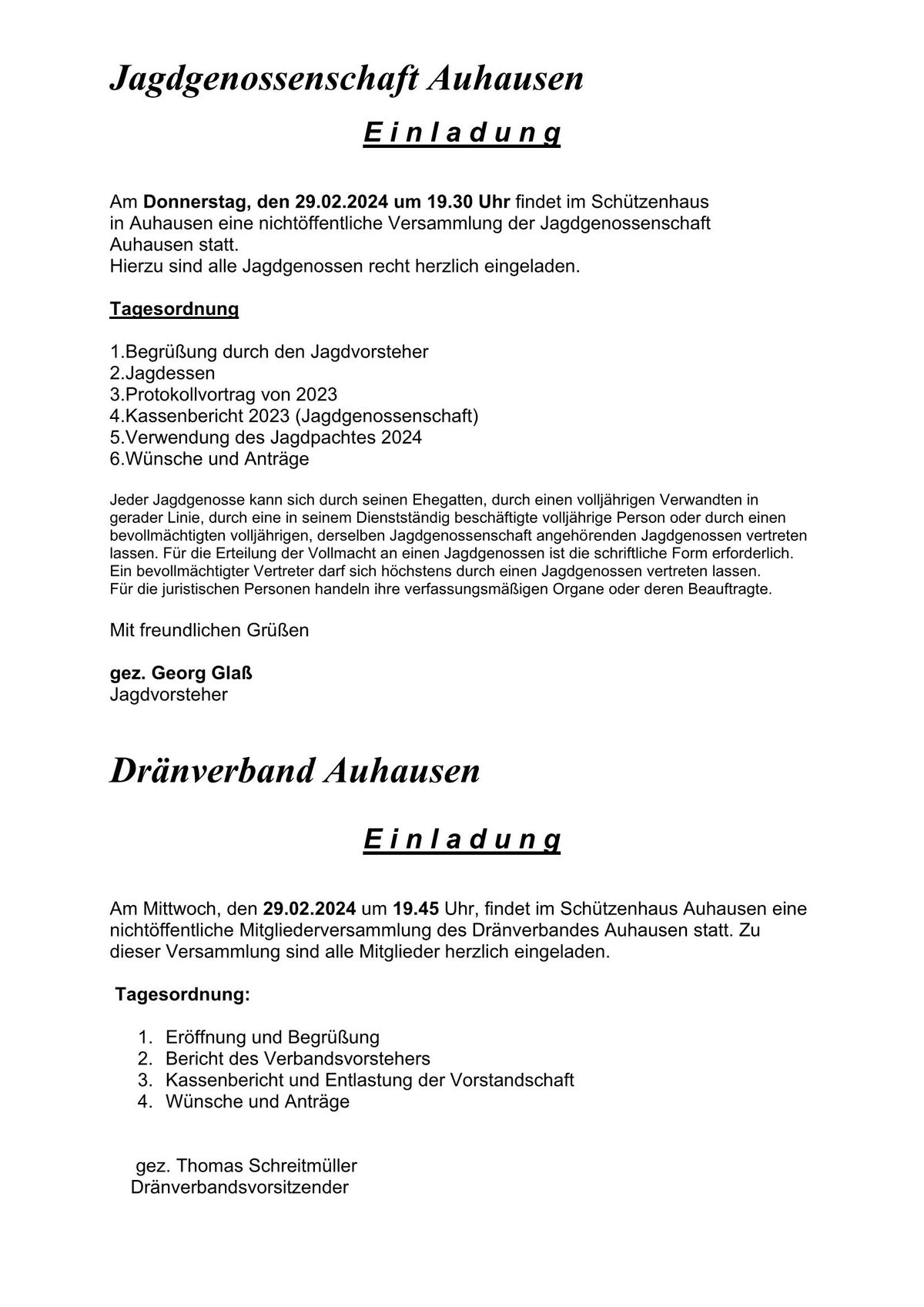 Einladung Jadggenossenschaft Auhausen und Dränverband