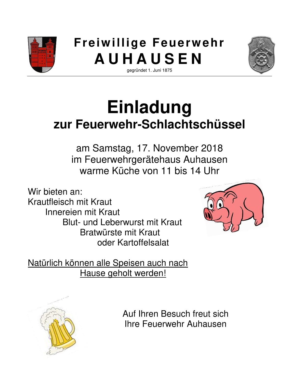 FFW Auhausen - Einladung Schlachtschüssel 2018