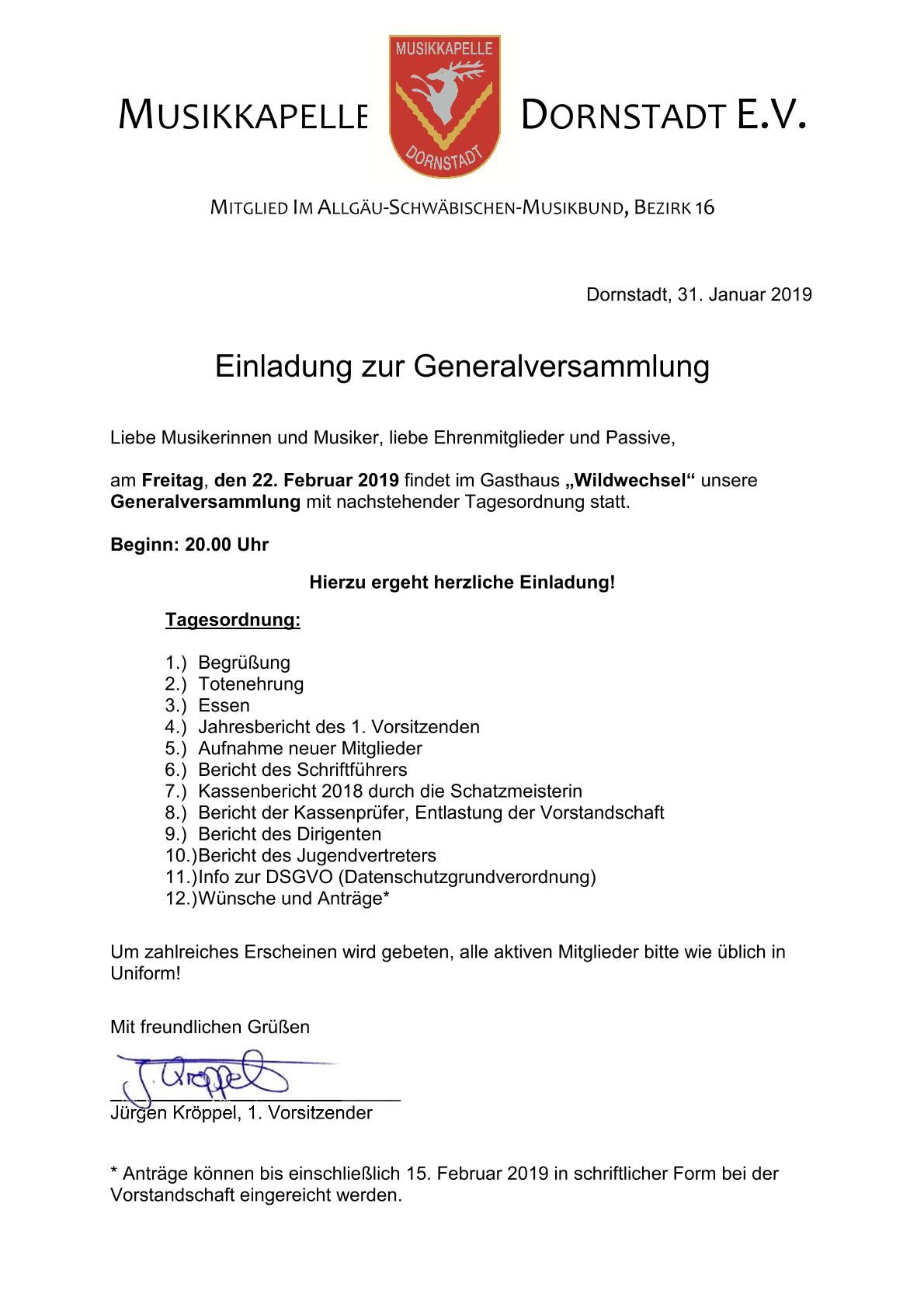 Musikkapelle Dornstadt - Einladung zur Generalversammlung 2019