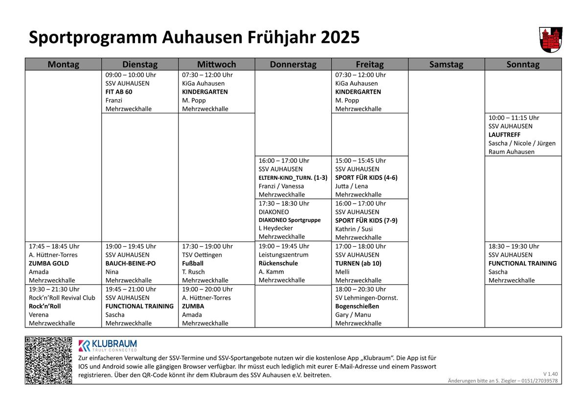 SSV Auhausen - Sportprogramm Mehrzweckhalle Frühjahr 2025